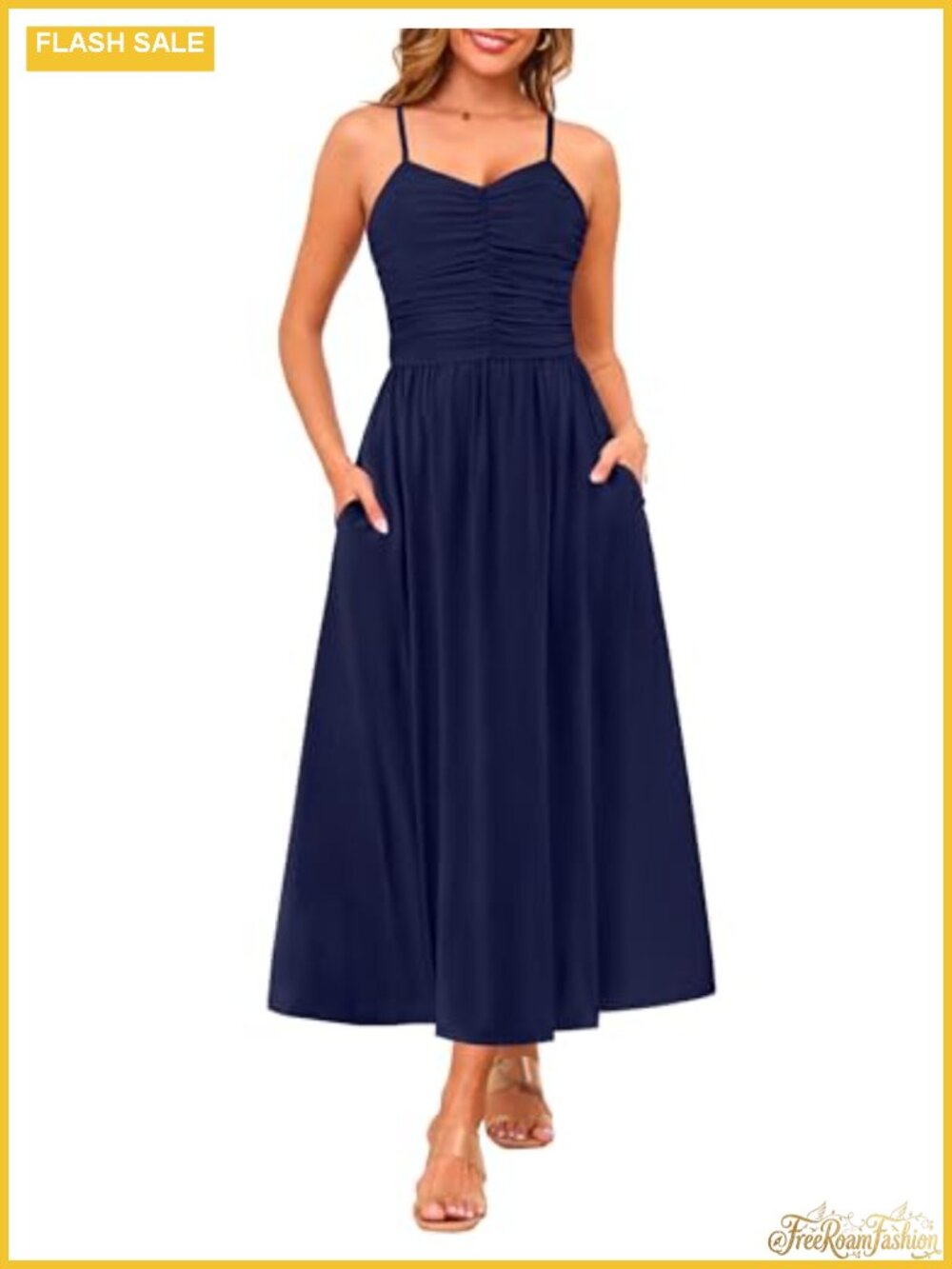 Women's Sleeveless Maxi Dress Floral Boho Spaghetti Strap Ruched Pockets